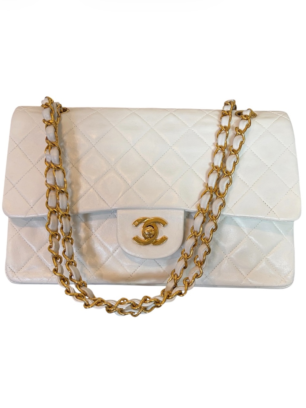 CHANEL CC DOUBLE FLAP BAG LAMBSKIN LEATHER GHW MEDIUM WHITE